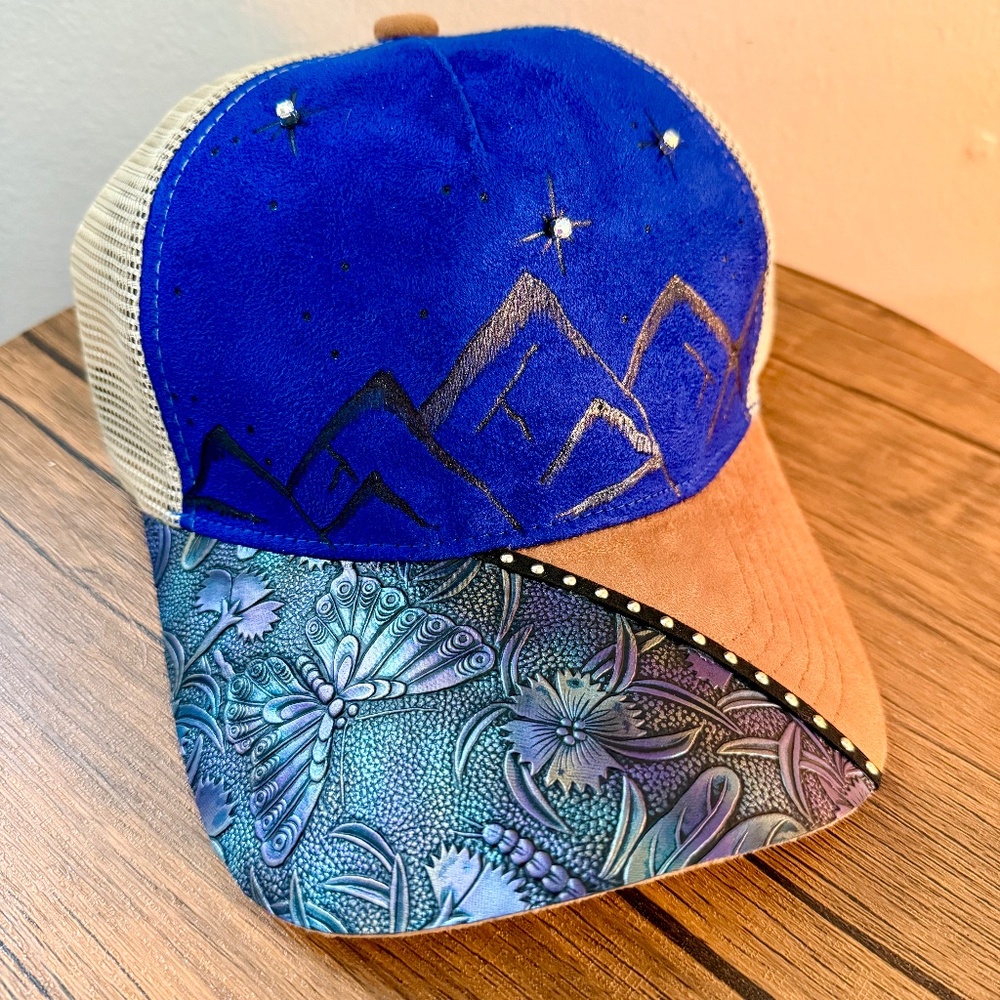 Hand Burned Custom Trucker Hat with Butterly Tooled Leather